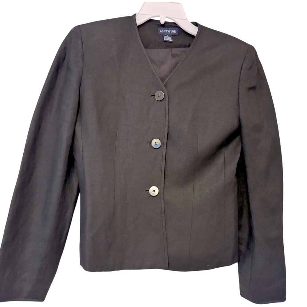 Ann Taylor Womens Black Linen Blend Collarless 3 Button Blazer Jacket Size 2